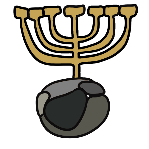  a gold temple menorah above a sphere made of gray blobs